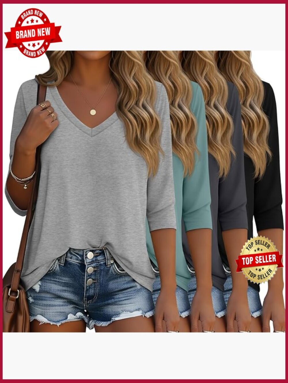 4 Pack 3/4 Sleeve V Neck Cotton Tunic Tops Loose Fit Tees